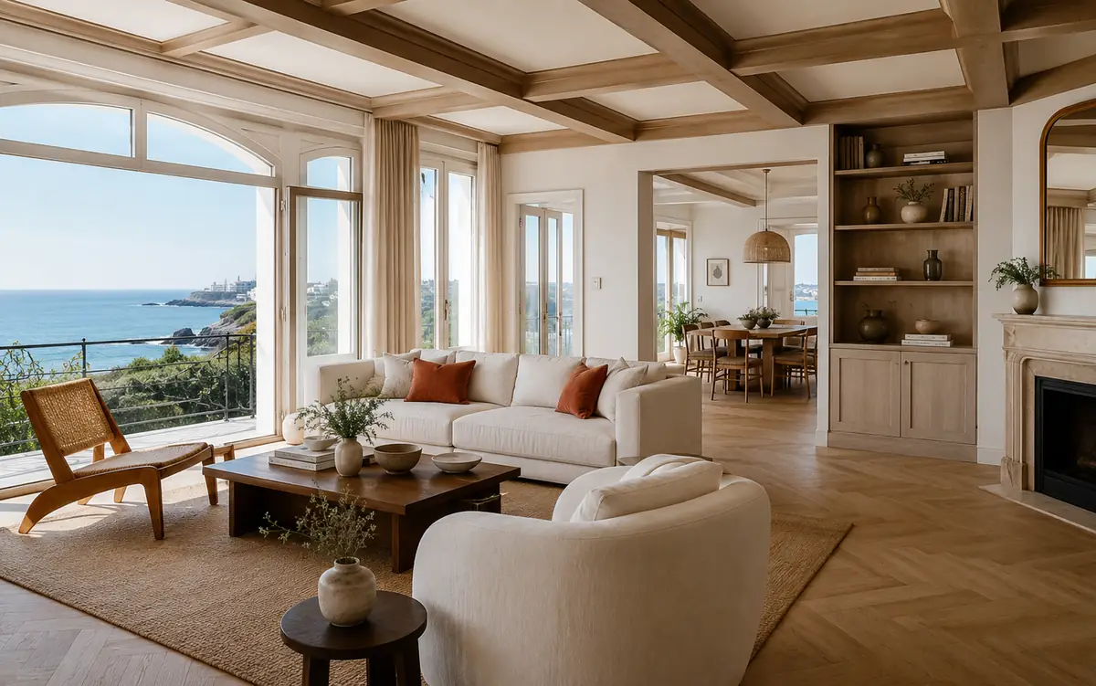 Intérieur lumineux d'une villa préparée pour une séance photo