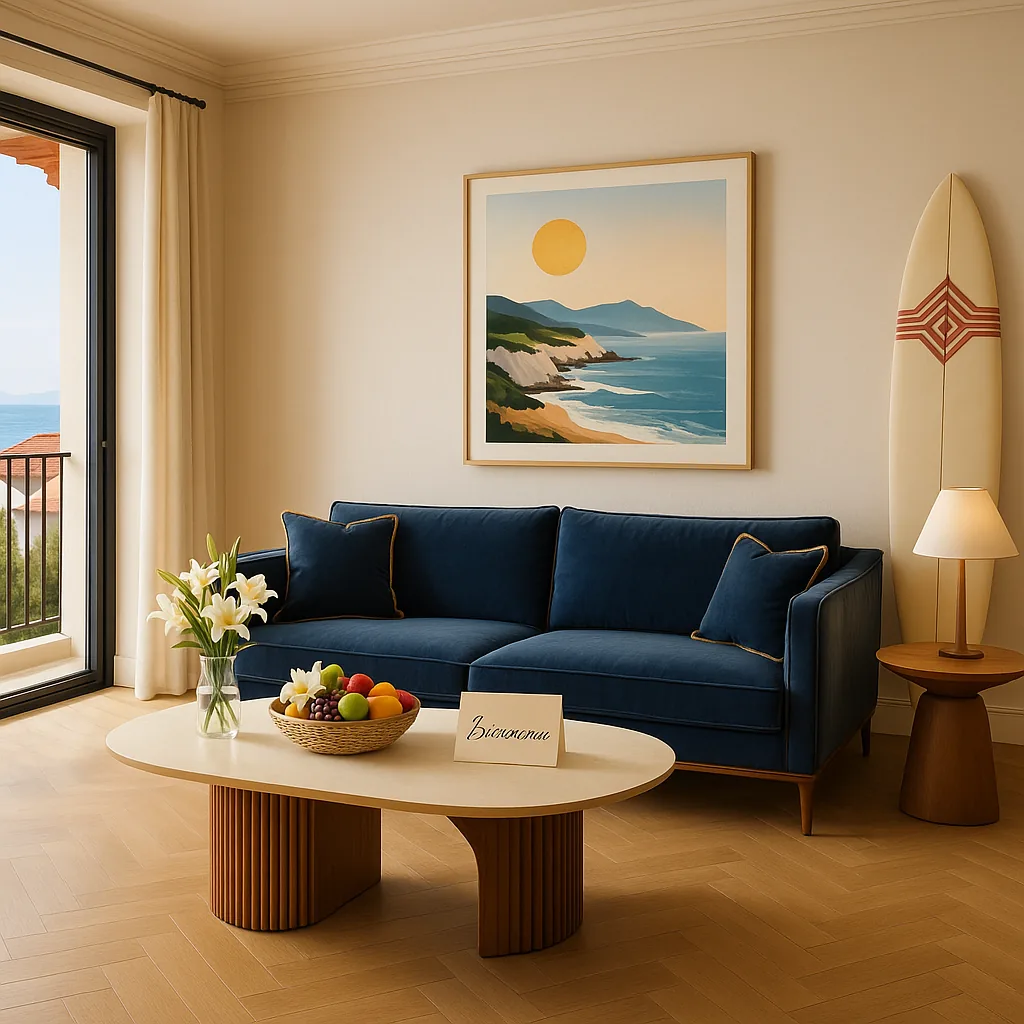 Salon avec vue mer d'un appartement biarrot en location saisonnière